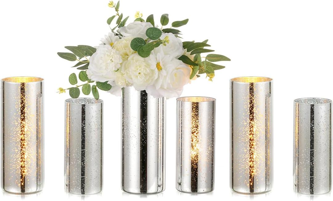 Glass Cylinder Vases Set of 6, Hewory Glittery Silver Vase for Centerpieces, Hurricane Candle Holders for Pillar or Floating Candle, Round Tall Vase for Wedding Anniversary Events Home Table Decor