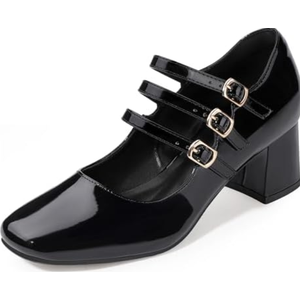 IDIFU IN2 Mary Jane Shoes Women's Pumps Dress Shoes for Women Block Chunky Low Short Square Closed Toe Thick Heels Wedding Work Prom Bride Lady Flight Attendant Comfortable Cute Vintage Pumps Shoes (8, Black Patent)