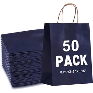 Gift Bags 8.25"x5.9 "x3.15" 50Pcs Paper Bags with Handles,kraft paper Bags for Small Business Christmas Bulk, Wedding, Party Favor, Shopping, Lunch, Halloween Trick-or-Treat (Navy Blue)