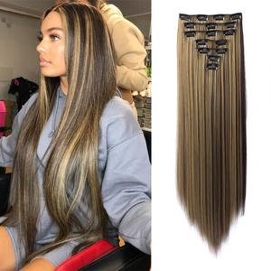 7PCS Clip in Hair Extensions 22" Long Straight Hair Extensions Natural Soft Hairpieces for Women Brown Highlight Color