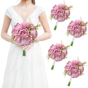 Vintage Purple Bridesmaid Bouquets for Wedding, Set of 4 Artificial Silk Peonies Flowers Bouquet for Marriage Decorations