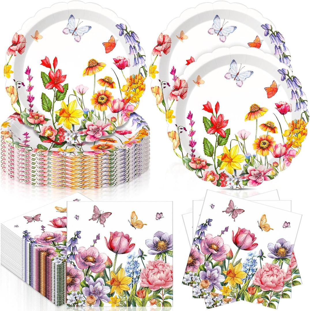 Funnymoom 96 Pcs Wildflower Tableware Set for 48 Guests Include 48 7 Inch Dessert Plates and 48 Napkins Watercolor Disposable Dinnerware for Birthday Holiday Tea Party Supplies