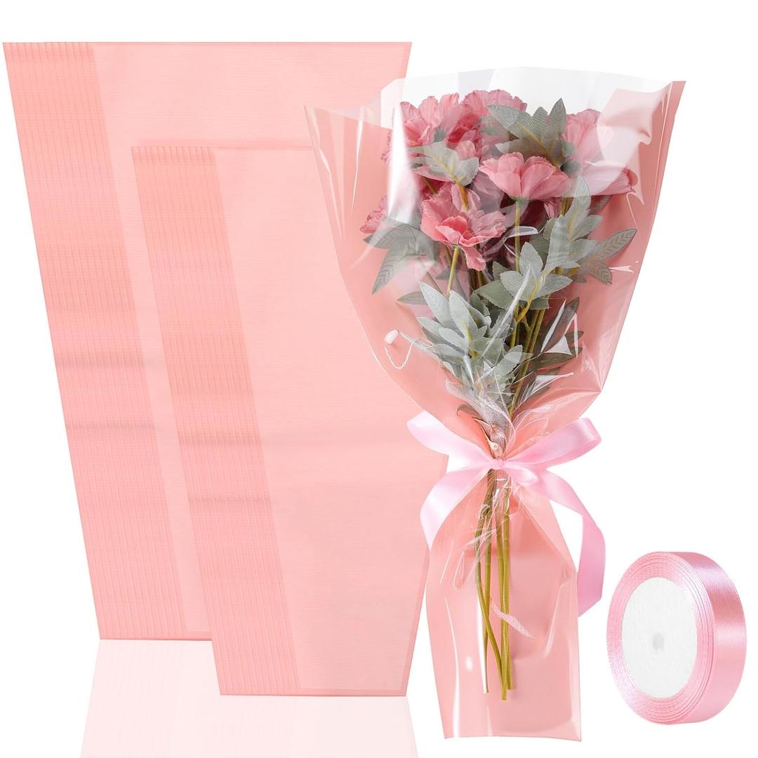 Fullhawl 50 Pcs Flower Bouquet Wrapping Bags 9.8 X17.9 Inch and 14.2 x 22 Inch Kraft Paper Flower Sleeves Supplies Floral Bags with Ribbons for Bouquet Wedding Birthday (Pink)