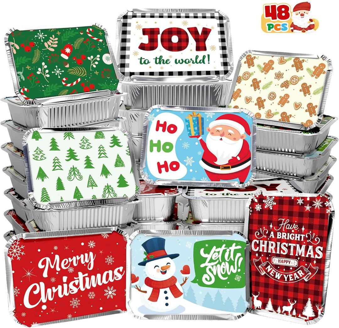 Tuzuaol 48 PCS Christmas Cookie Tins with Lid, Foil Treat Containers for Holiday Gift Giving Party Supplies Decorations and Disposable Food Storage