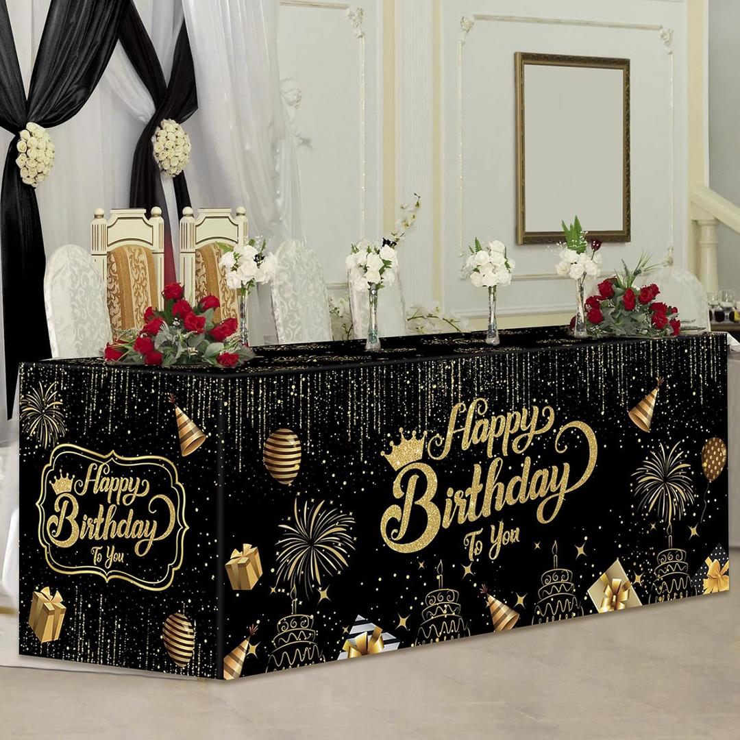 Oudain 72 x 30'' Black Gold Birthday Party Decorations 6ft Happy Birthday Fitted Tablecloth Rectangle Black Gold Folding Table Cover Heavy Duty Washable Fabric Tablecloth for Men Women Boys Girls