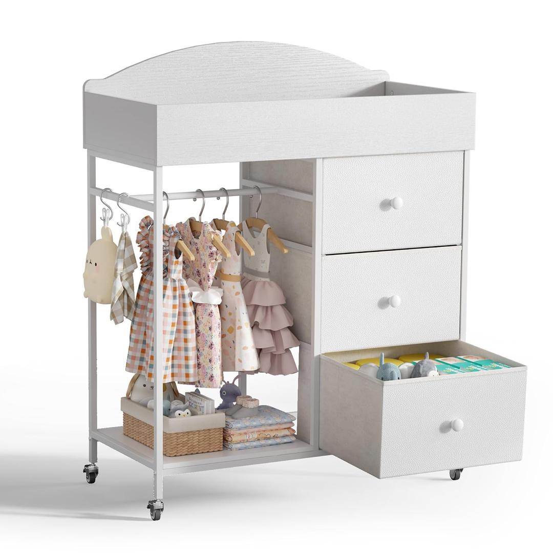 DTK Changing Table Dresser with Clothing Rack and Storage Shelf,3-Drawer Baby Dresser with Changing Table Top,Diaper Changing Station with Waterproof Pad,Mobile Dresser for Nursery,White