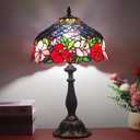 Tiffany Lamp Stained Glass Table Lamp Tiffany Style 3-Way Vintage Beside Reading Light 12 inch Flowers Style Antique Nightstand Light (Red Pink Flowers)