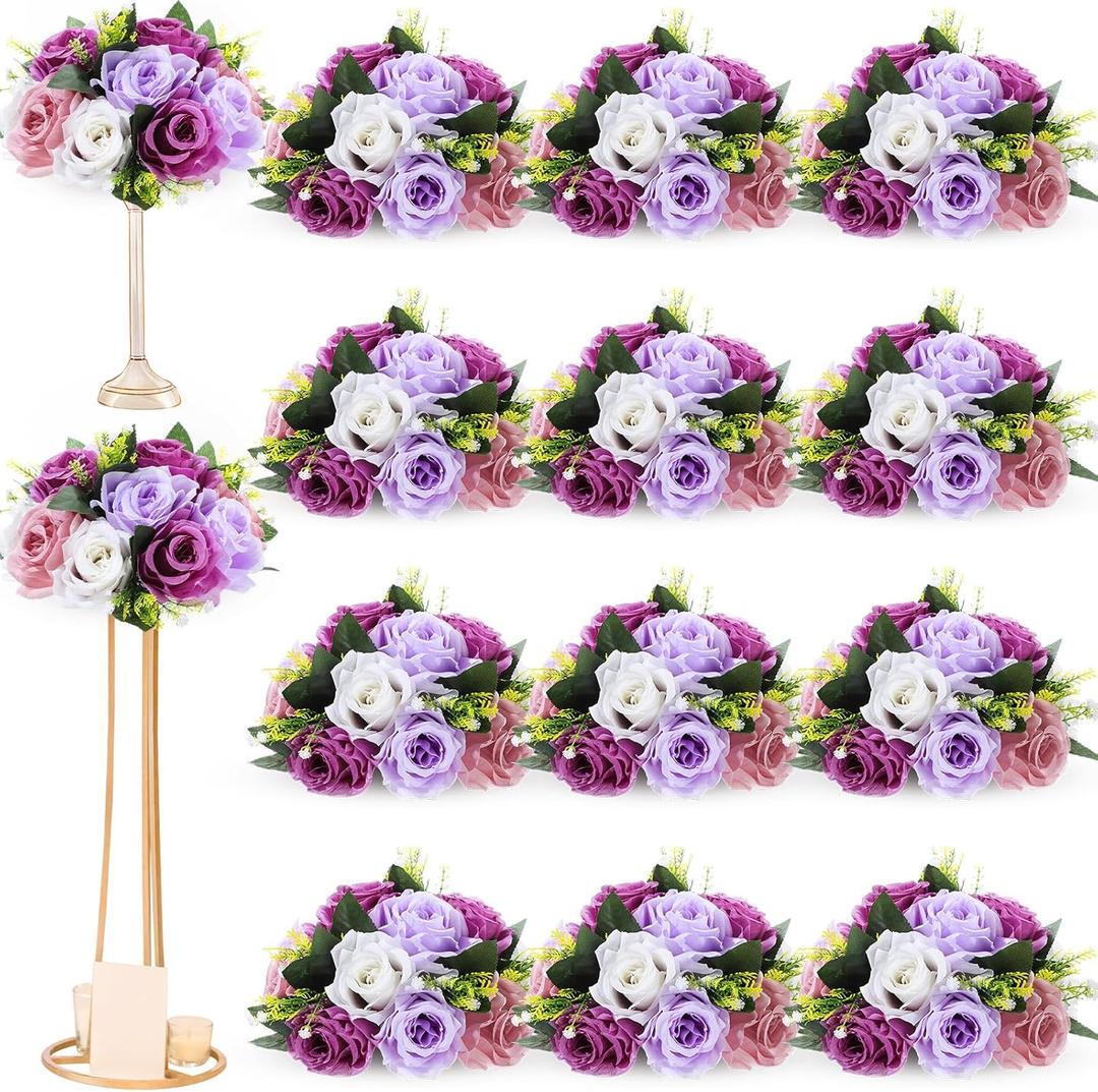 Hotop 12 Pcs Artificial Rose Flower Balls for Centerpieces, Silk Roses Kissing Balls Romantic Faux Floral Arrangements for Engagement Wedding Home Decor (Fantasy Violet)