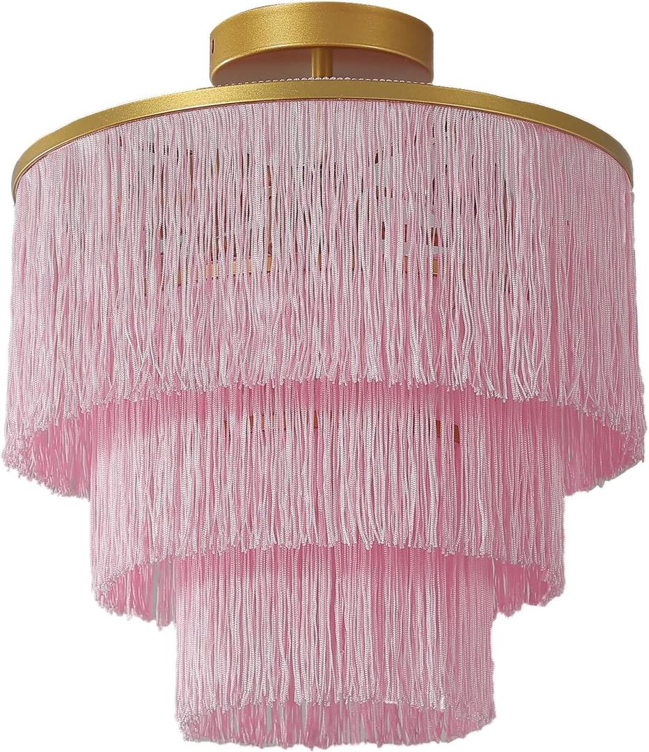 3-Tiered Pink Chandelier,3 Lights Boho Fringe Pendant Light Fixture,Tassle Chandelier for entryway,Dining Room,Baby Nursery,Gold and Pink