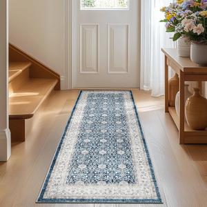 jinchan Runner Rug 2x7 - Machine Washable Dark Blue Vintage Floral Distressed Design Soft Non-Slip Low-Pile Ultra-Thin Runner Rug for Kitchen Hallway Laundry Room Entryway Farmhouse (2x7',Dark Blue)