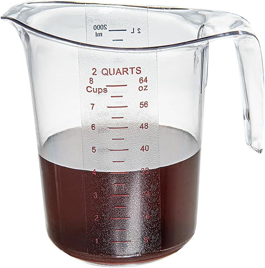 Restaurantware RW Base 2 Quart Measuring Jar 1 Durable Measuring Beaker - Metric And Imperial Units V-Shaped Spout Clear Plastic Measuring Cup Handle With Thumb-Grip Tolerates Up To 248F