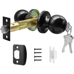 5" Backset Latch Keyed Entry Door Knob with Lock, Standard Square Interface Entrance Ball Doors Knobset Lockset, Matte Black