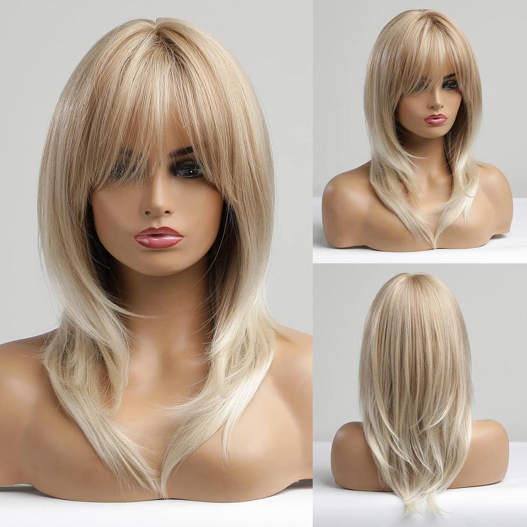 Alanhair Blonde Wigs for Women Shoulder-Length wig with Bangs,HAIRCUBE Synthetic Hair Layered Wigs Heat Resistant Fibre for Daily Party Use