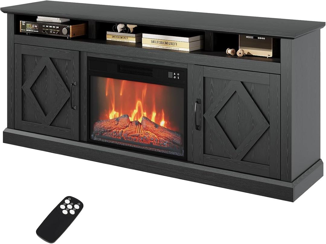 Electric Fireplace TV Stand, 67-Inch Wood Entertainment Console with 18" Fireplace Insert, Adjustable Temperature & LED Flames, Storage Shelves for Media Center, Gray