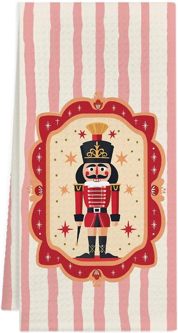 KEUSPI Christmas Nutcracker Kitchen Towels, Nutcracker Christmas Decor, Pink Striped Xmas Soldier Decorative Hand Dish Tea Towels for Bathroom Kitchen, 16x24 Inches (Red Striped Christmas Walnut Candies)