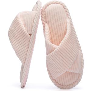 GOEWY House Slippers for Women Fuzzy Womens Slippers Indoor Outdoor Pink Open Toe With Cross Band Corduroy Memory Foam Warm Gifts for Woman Size 7-8.5