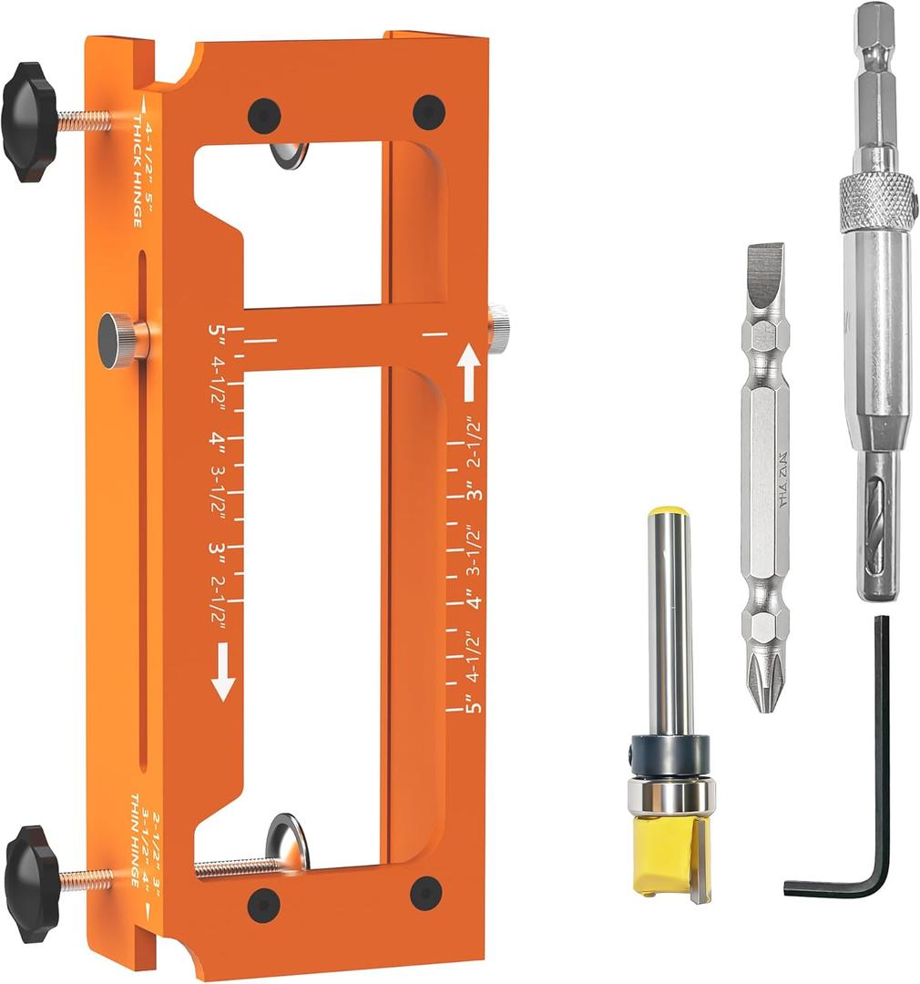 Door Hinge Jig, Aluminum Alloy Door Hinge Adjustment Tool Template Kit for Hinge Mortising from 2.5" to 5" Types of Square, 1/4", 5/8" Radiu, Door Hole Drilling Kit for Door Installation