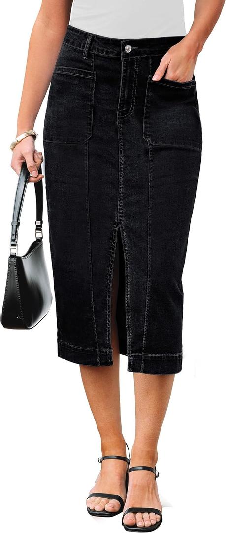 luvamia Jean Skirts for Women Denim Trendy Casual Stretchy High Waisted Midi Front Pockets Below Knee Skirt with Slit, small