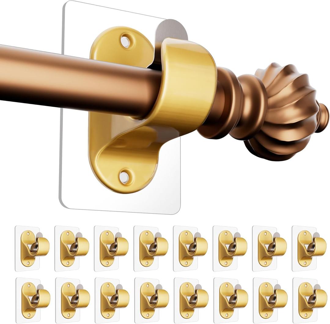 MUAKIOY (16 Pack) Gold No-Drill Curtain Rod Brackets, Self-Adhesive Adjustable Hooks for 0.5''-1.3'' Curtain Rods, Stick-On Wall Holders with Damage-Free Installation