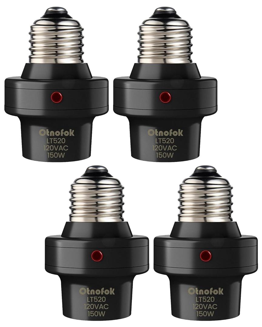 Light Sensor Socket, 300 Automatic Dusk to Dawn Photocell Sensor, E26/E27 Light Bulb Socket for Outdoor Lighting in Porch, Garage, and Wall Lights, UL Listed, Black, 4 Pack