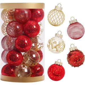 25PCS Christmas Ornaments Set, 2.36"/6CM Clear Plastic Shatterproof Christmas Ball Hanging Ornaments for Xmas Tree Decorations, for Indoor Home Party Holiday Decor - Red/Gold.