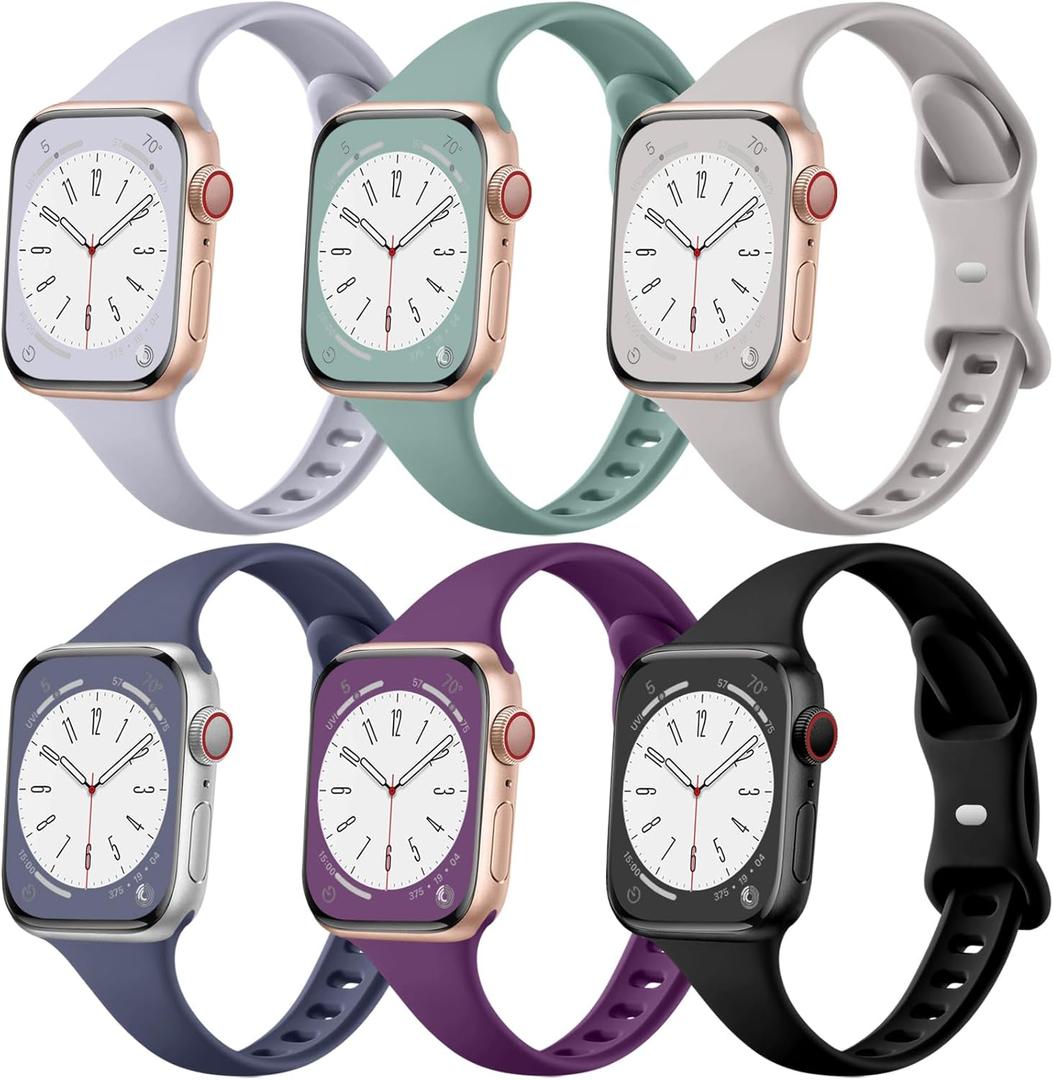 Lerobo Compatible with Apple Watch Band 44mm 42mm/Apple Series 7 Band 45mm, 6 Pack Slim Thin Narrow Waterproof Silicone Strap Replacement Sport Band for iWatch Bands 8 7 6 5 4 3 2 1 Ultra Women Men (Black/ Lavender/ Pine Green/ Blue Gray/ Dark Purple/ Light Gray)