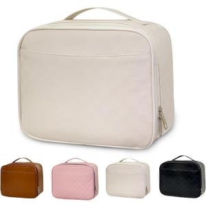 Mziart Insulated Lunch Bag for Women Men, Reusable Lunch Box PU Leather Lunch Tote Bag Cooler Bag Meal Prep Containers with Exterior & Interior Mesh Pockets for Work Picnic Beach Travel (Beige White)