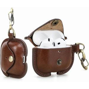 Hiram Full Grain Leather AirPods 4 Case Cover, Wireless Bluetooth Earphone Protective Holder Compatible with Airpods 4th Generation 2024, with Keychain Hook and Metal Snap (Brown)
