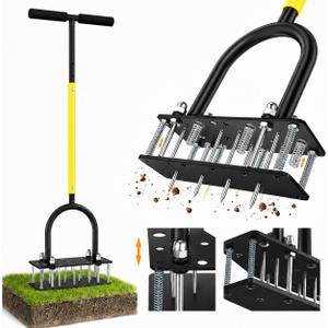 Aerator Lawn Tool with 15 Sharp Metal Spikes,Adjustable T-Handle & Auto-Cleaning Spring Plate, Manual Heavy Duty Anti-Clog Grass Aerator for Compact Soil,Grass,Yard, Lawn Care