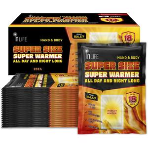 InLife Super Size Super Warmer for Hands and Body | All Natural & Safe, Instant Quick Heat, Easy & Comfort | Bigger & Wider Size, Air Activated, Single Use, Stable & Long-Lasting | Odorless, 20 Packs