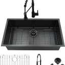 33 Inch Black Undermount Kitchen Sink and Faucet Combo-iAnomla 33x19 Black Stainless Steel Kitchen Sink Undermount Single Bowl 16 Gauge Deep Sinks with Faucet Combo Set, 33”L x 19”W x 10”D