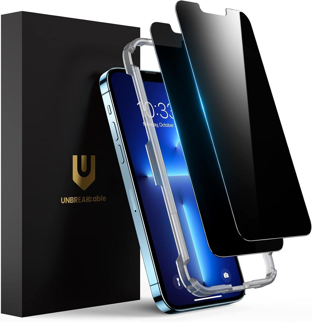 UNBREAKcable Privacy Screen Protector for iPhone 16e/ iPhone 14/ iPhone 13/13 Pro, Shatterproof Tempered Glass [True 28Anti Spy] [9H Hardness] [Easy Install] Black Protector for iPhone 6.1" - 2 Pack