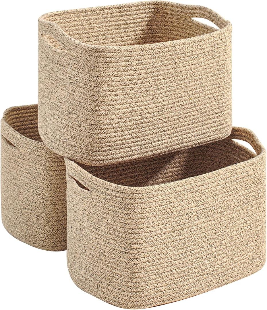 Storage Baskets for Organizing Shelves, Woven Cotton Rope Basket for Storage, Dog Toy Baskets Storage Kids, Cute Shelf Basket for Living Room Bedroom, 14.8"×11"×9.5", Pack of 3, Brown