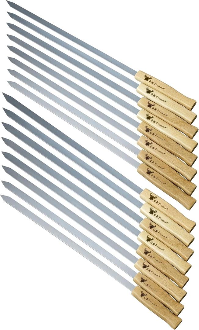 G & F Products Brazilian BBQ Skewers 16 Piece Set Stainless Steel Kabob Sticks 17-Inch Flat Blade with Hardwood Handles Reusable Commercial Grade for Grilling Meat Kebab and Outdoor Cooking