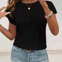 SKVON Womens Tops Casual Scoop Neck Short Sleeve Embroidered Lace Hollow Out Shirts Loose Tunic Knit Boho Blouses (Black, XXL)