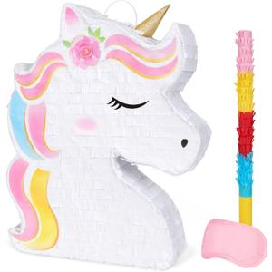 WERNNSAI Unicorn Piata - Unicorn Party Supplies Piata Bundle with Blindfold and Bat for Girls Kids Rainbow Unicorn Theme Birthday Party Game Decorations (15.7" x 12.2" x 3.1")