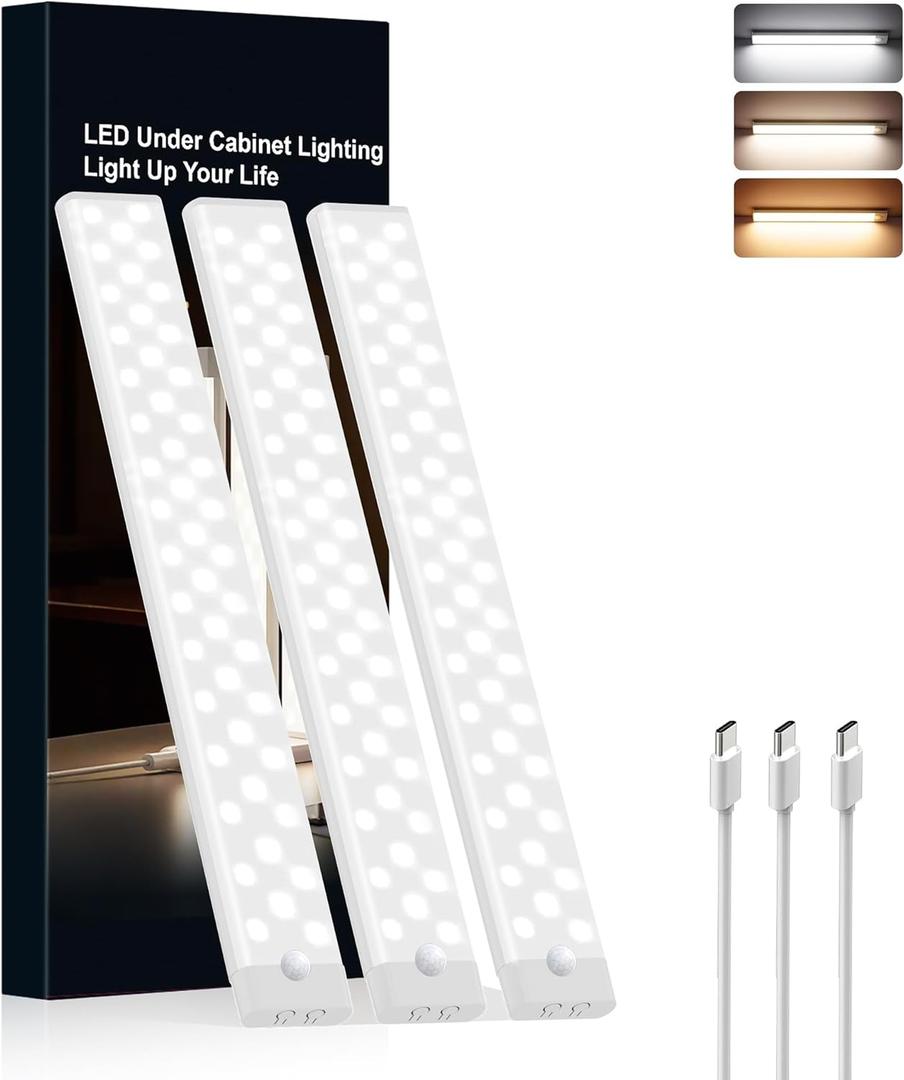 Under Cabinet Lighting 3 Packs, Rechargeable Motion Sensor Light Indoor, 8 Inches, 3 Color Temps, Dimmable Closet Light Stick on, Under Counter Lights for Kitchen