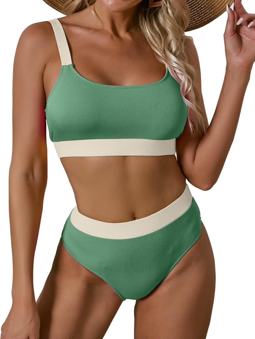 Women Sports High Waisted Swimsuits Two Piece Scoop Neck Crop Top Bikini Cheeky High Cut Ribbed Color Block Bathing Suit (Large, Army Green Swimsuit)