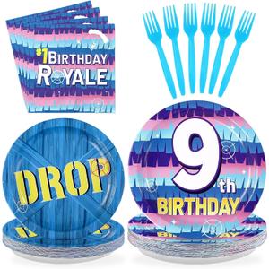 96Pcs 9th Video Game Birthday Party Supplies Happy 9th Game Theme Plates and Napkins Disposable Blue Drop Tableware Set for 9 Year Old Kids Boys Birthday Decorations Serves 24