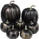 Winlyn 7 Pcs Assorted Artificial Gold Brush Black Pumpkins Rustic Decorative Halloween Faux Foam Pumpkins for Fall Halloween Thanksgiving Tabletop Centerpiece Mantel Kitchen Decor