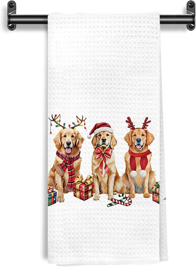 Christmas Golden Retriever Dog Kitchen Towels, Gifts for Golden Retriever Lovers Decorative Hand Towels for Bathroom Kitchen, Holiday Xmas Dog Dish Tea Towel Drying Cloth, 16x24 Inch