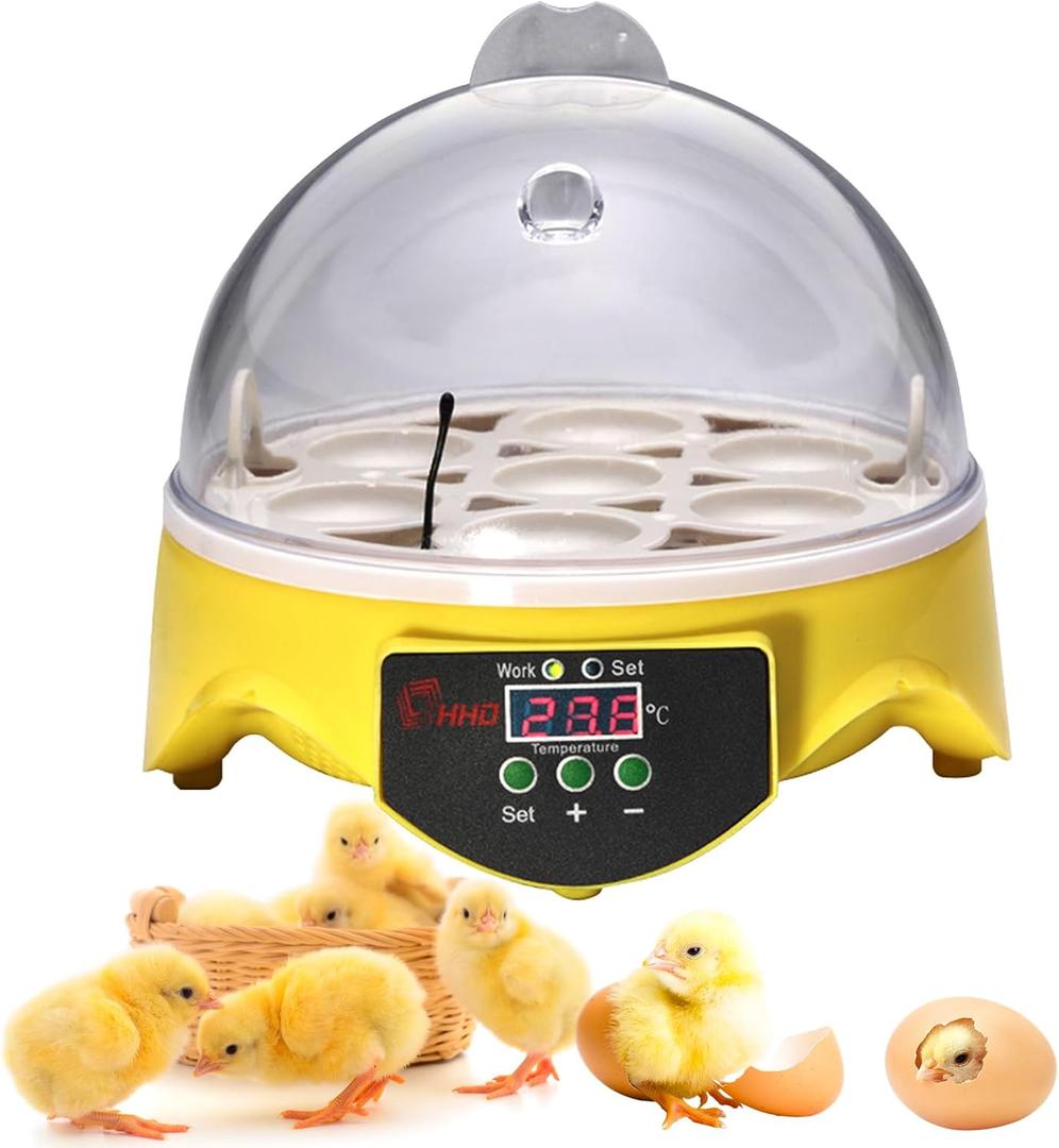 360 View 7-Egg Poultry Incubator for Hatching Chicken, Duck, Goose, Parrot, and Quail Eggs, with Temperature Control, Yellow, ZM003