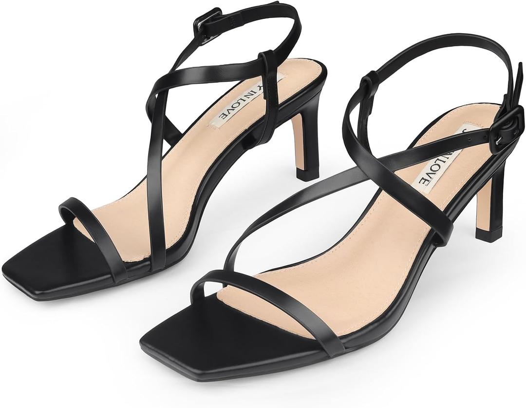 JOY IN LOVE Women's 2.5 Inch Kitten Heels Low Heel Square Open Toe Strappy Sandals (Black) 6