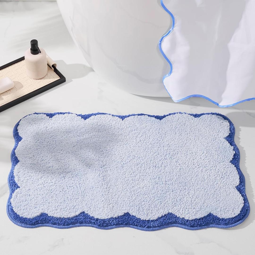 ELDONE Cute Scalloped Bathroom Rugs, Microfiber Tufted Bath Mats, Fun Navy Blue Bathmat for Bath Room Bathtub Shower, Preppy Trendy Bathroom Mat for Sink Bedroom, 30" x 20" (1'8" x 2'6" (Rectangular))
