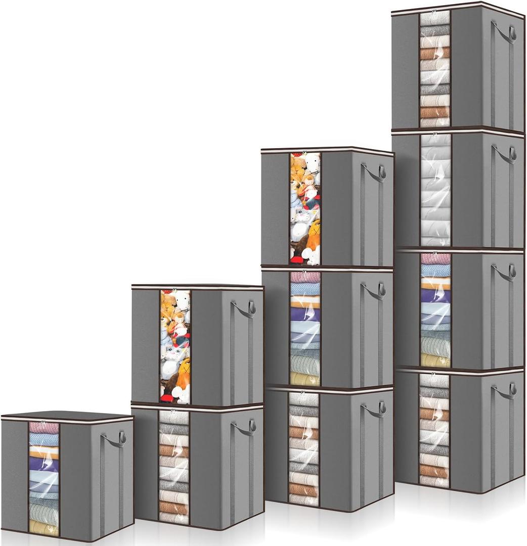 Extra Large Blanket Storage Bags 10 Pack 120L, Heavy Duty Foldable Organizers with Clear Window & Reinforced Handles, Breathable Clothes Containers for Comforter, Bedding, Pillow (Grey)