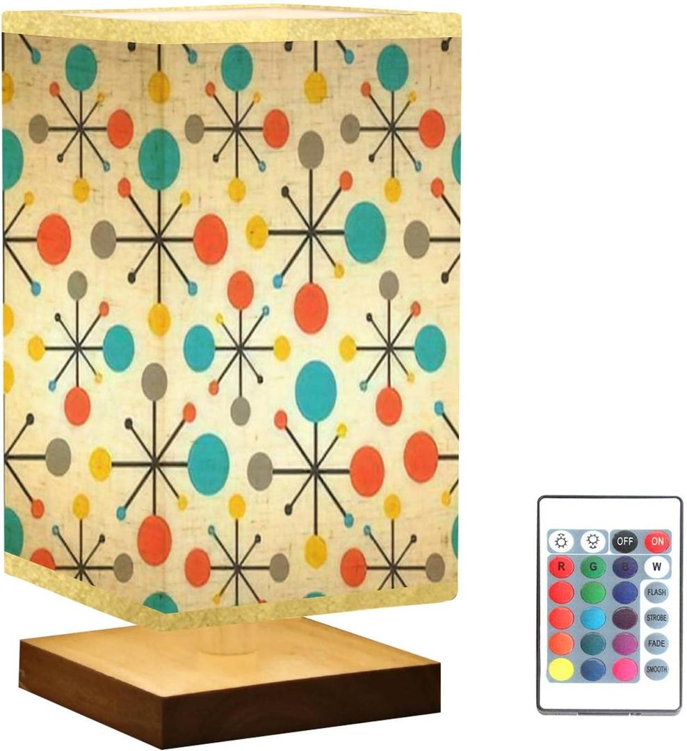 Square Bedside Table Lamp Mid Century Fifties Modern Atomic Retro Colors Seamless Wooden Base Fabric Shade Dimmable Nightstand Desk Lamp Living Room (Multi9)