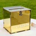 Metallic Gold Mirror Acrylic Wedding Card Box with Slot & Lock, Classy Wedding Card Boxes for Reception, Large Money Gift Cards Box for Party Engagement Birthday Graduation Table Decor
