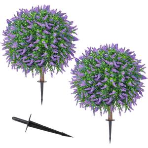 Artificial Lavender Topiary Trees with Ground Stake (Set of 2) - UV Resistant Realistic Fake Lavender Ball Shrubs for Outdoor Patio Garden Front Porch Decor