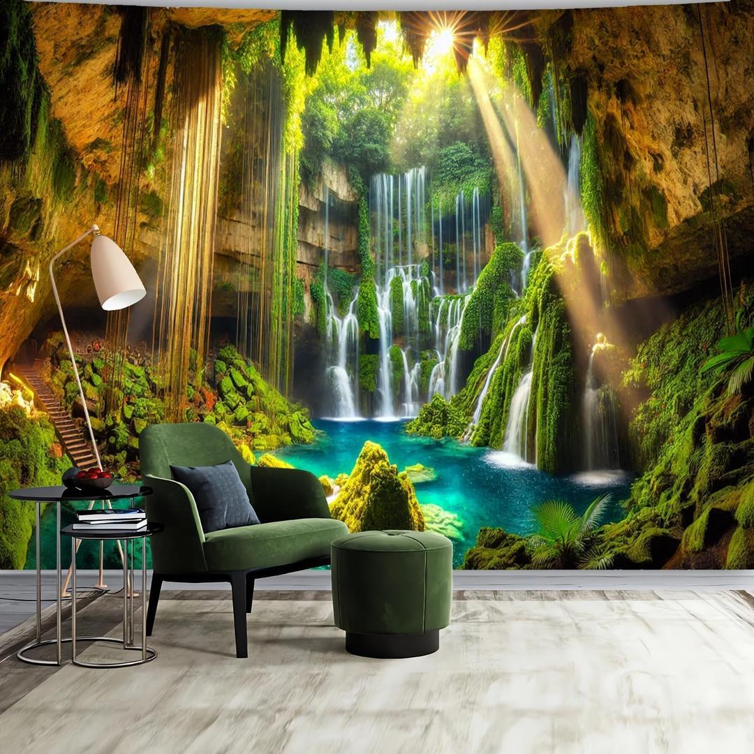 FENDROM Waterfall Tapestry Tropical Forest Mountain Sunset Cave Stone Wall Hanging Scenic Rainforest Landscape Nature Sunrise Headboard for Bedroom Living Room Home Decor (59"L x 39"W)