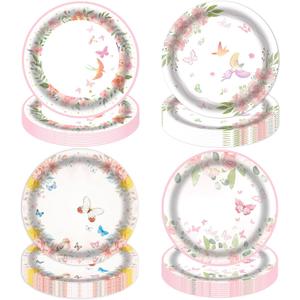 Wildflower Paper Plates 7 Inch 48 Pack, Floral Disposable Plates with Butterfly Bird Design, Garden Party Decorations Spring Paper Plates for Baby Shower Bridal Shower Tea Party Supplies